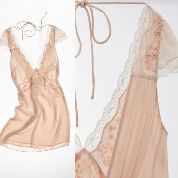 New Zara Limited Edition Embroidered Beaded Lace Blush Slip Mini Dress NWT Large - Picture 6 of 16